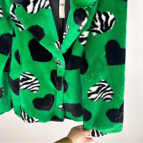 Maeve by Anthropologie Faux Fur Coat Green Black Multi Hearts Sz Medium NWT - Picture 14 of 16